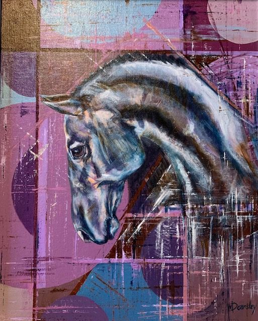 A painting of a horse 's head on a purple background.