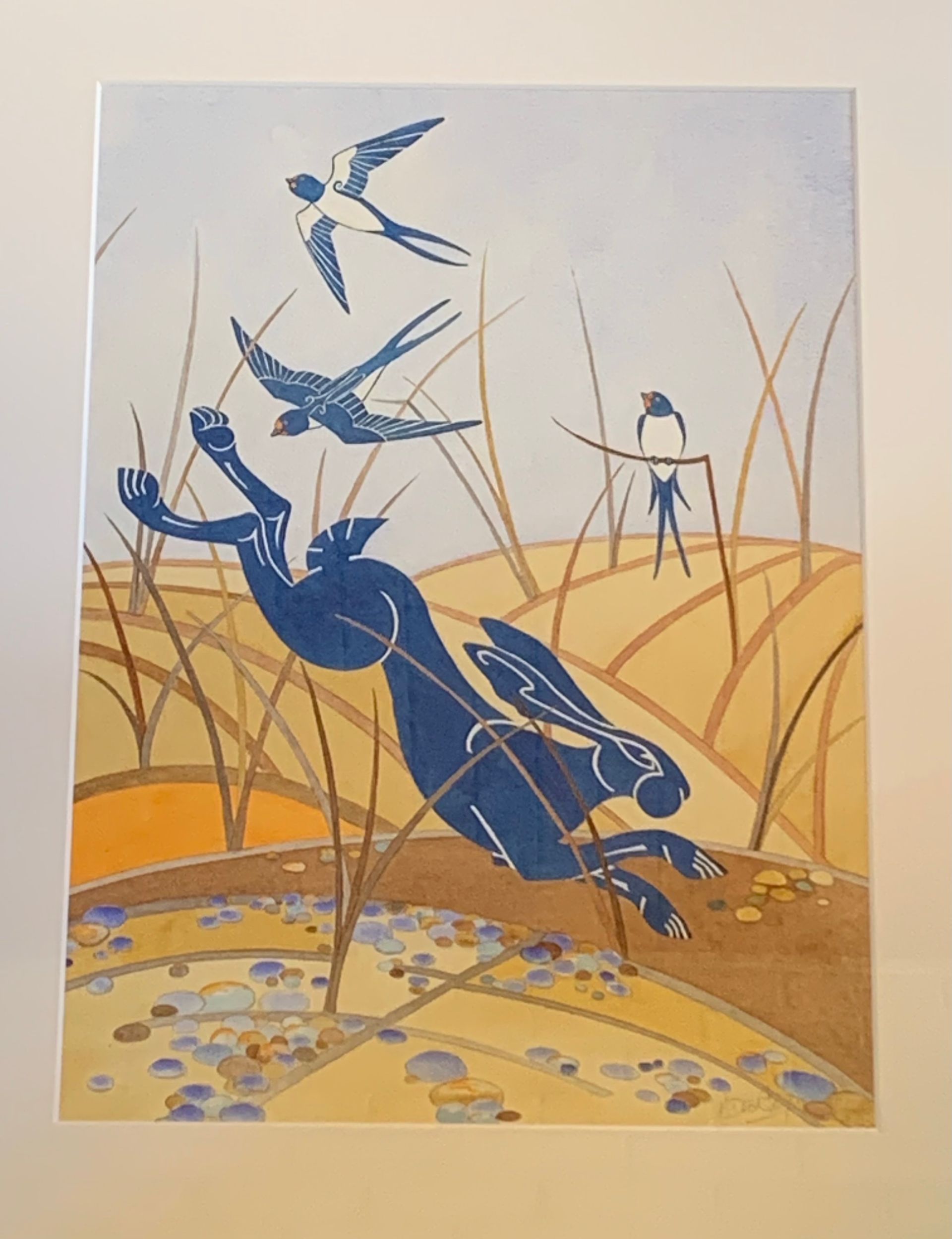 a painting of a hare with birds flying around it