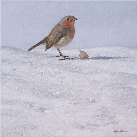 A painting of a small bird standing in the snow