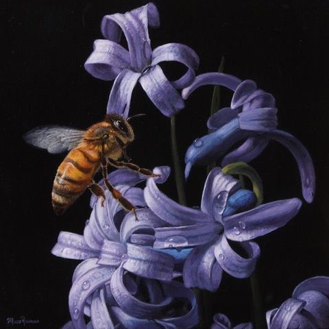 A painting of a bee on a purple flower