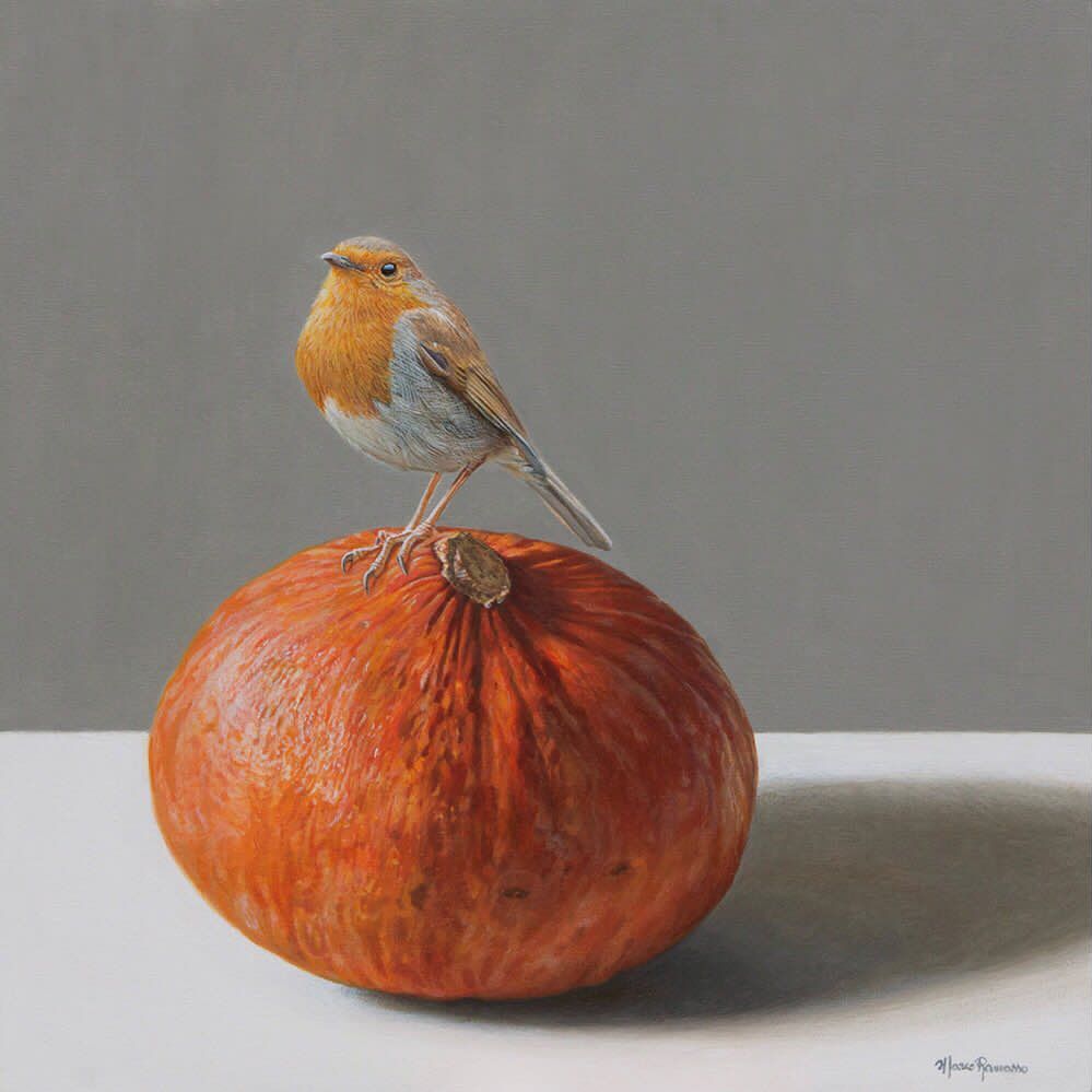 A bird is perched on top of an orange pumpkin.