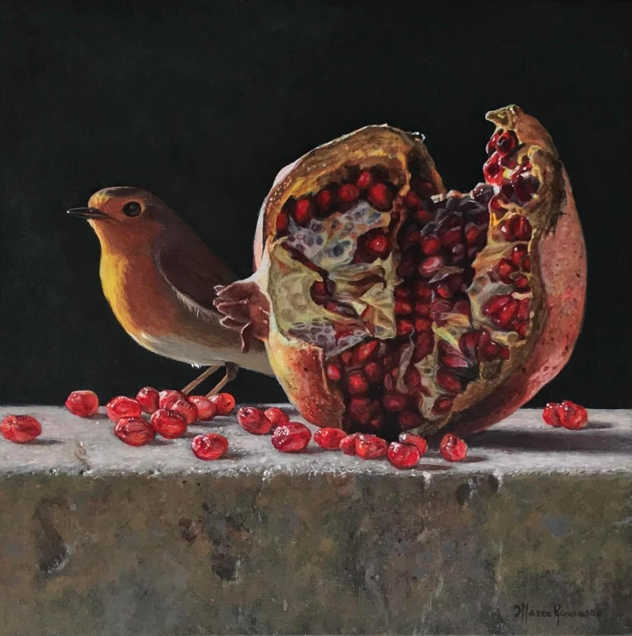 a painting of a bird standing next to a pomegranate