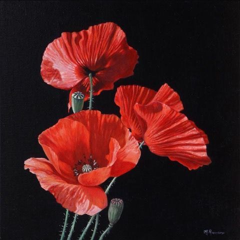 A painting of three red flowers on a black background