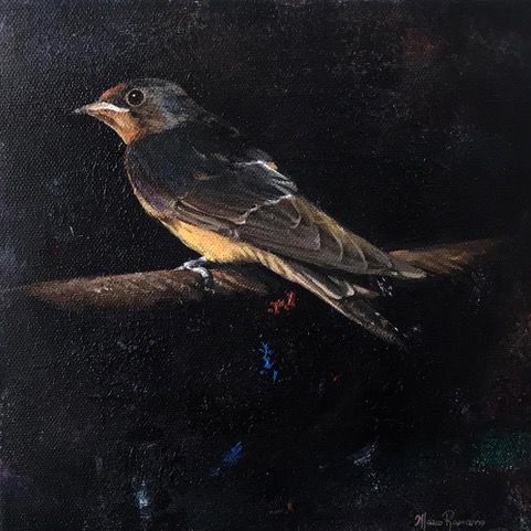 A painting of a small bird sitting on a branch