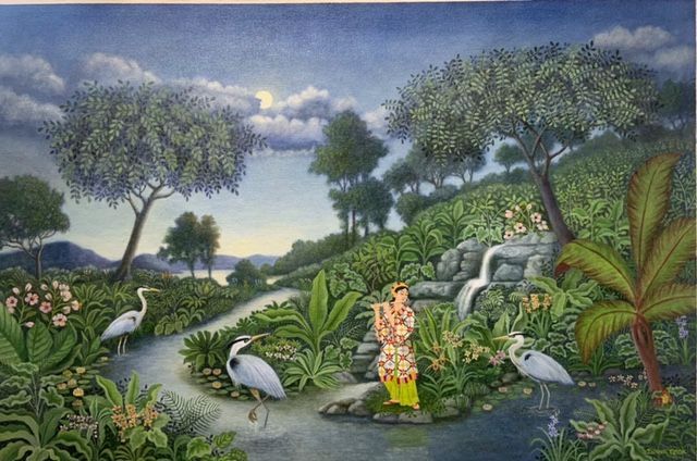 a painting of a woman standing next to blue herons, diana cook
