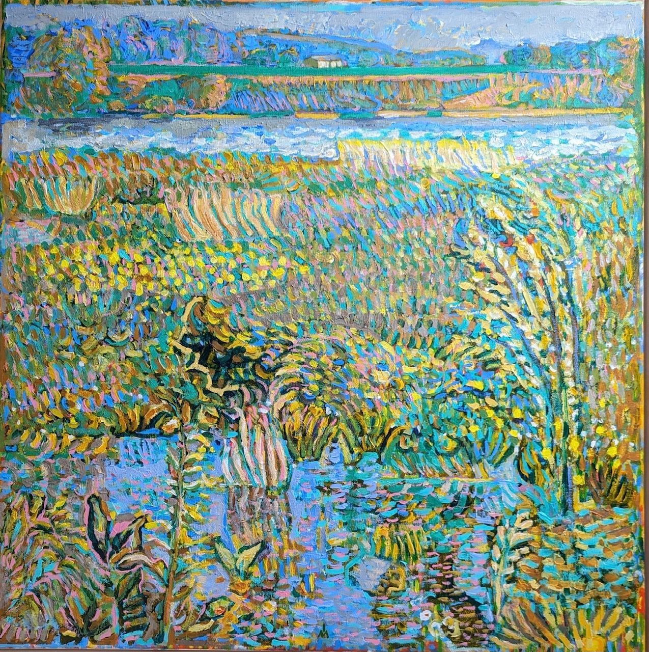 A painting of a field with a river in the background