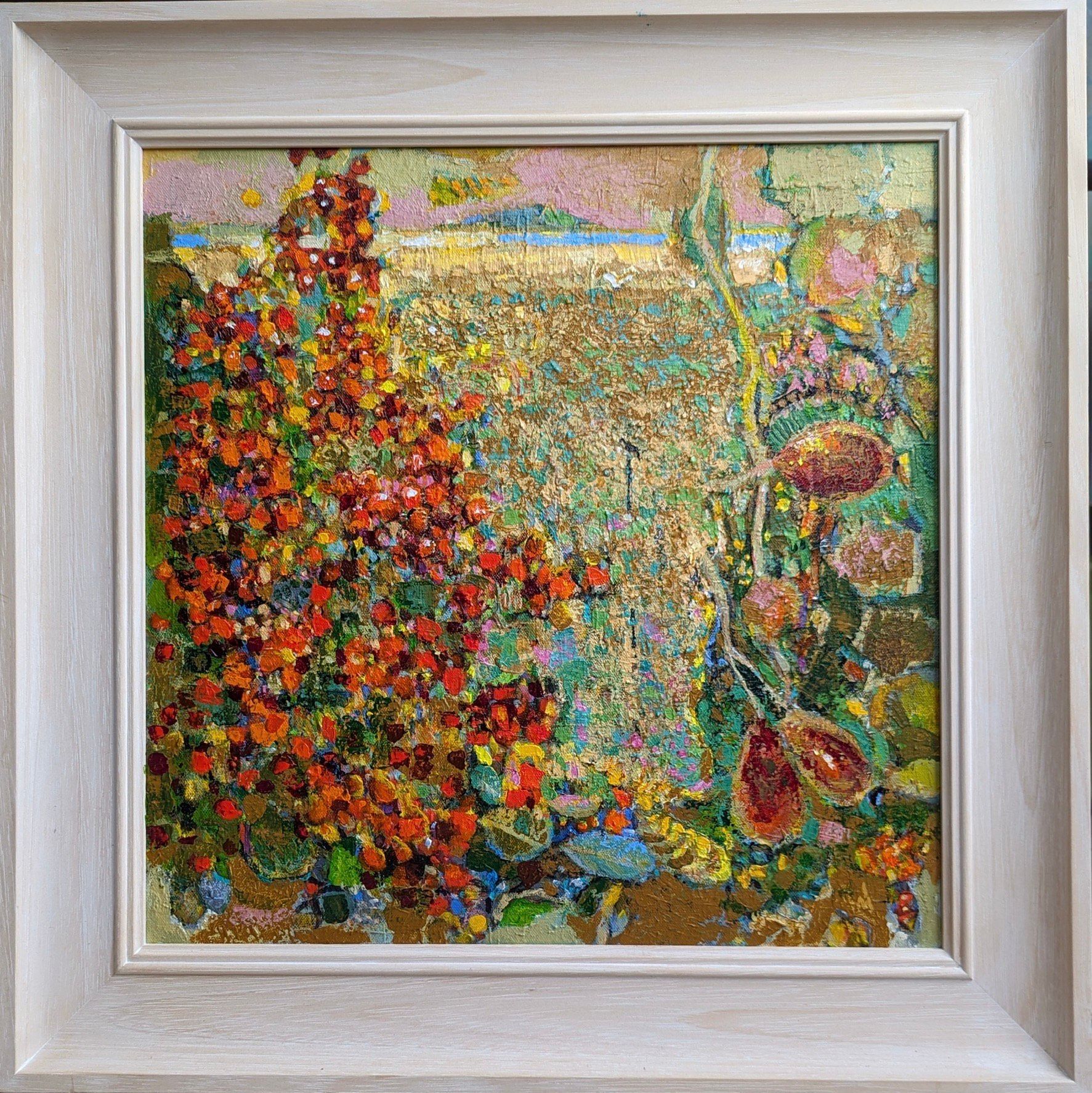 A painting of flowers in a white frame