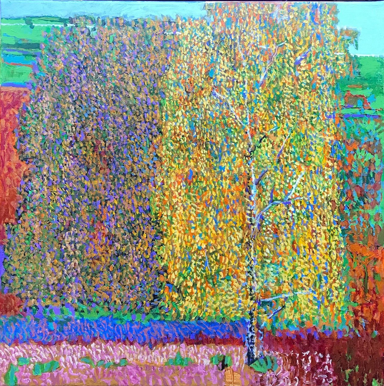 A colorful painting of trees with purple and yellow leaves