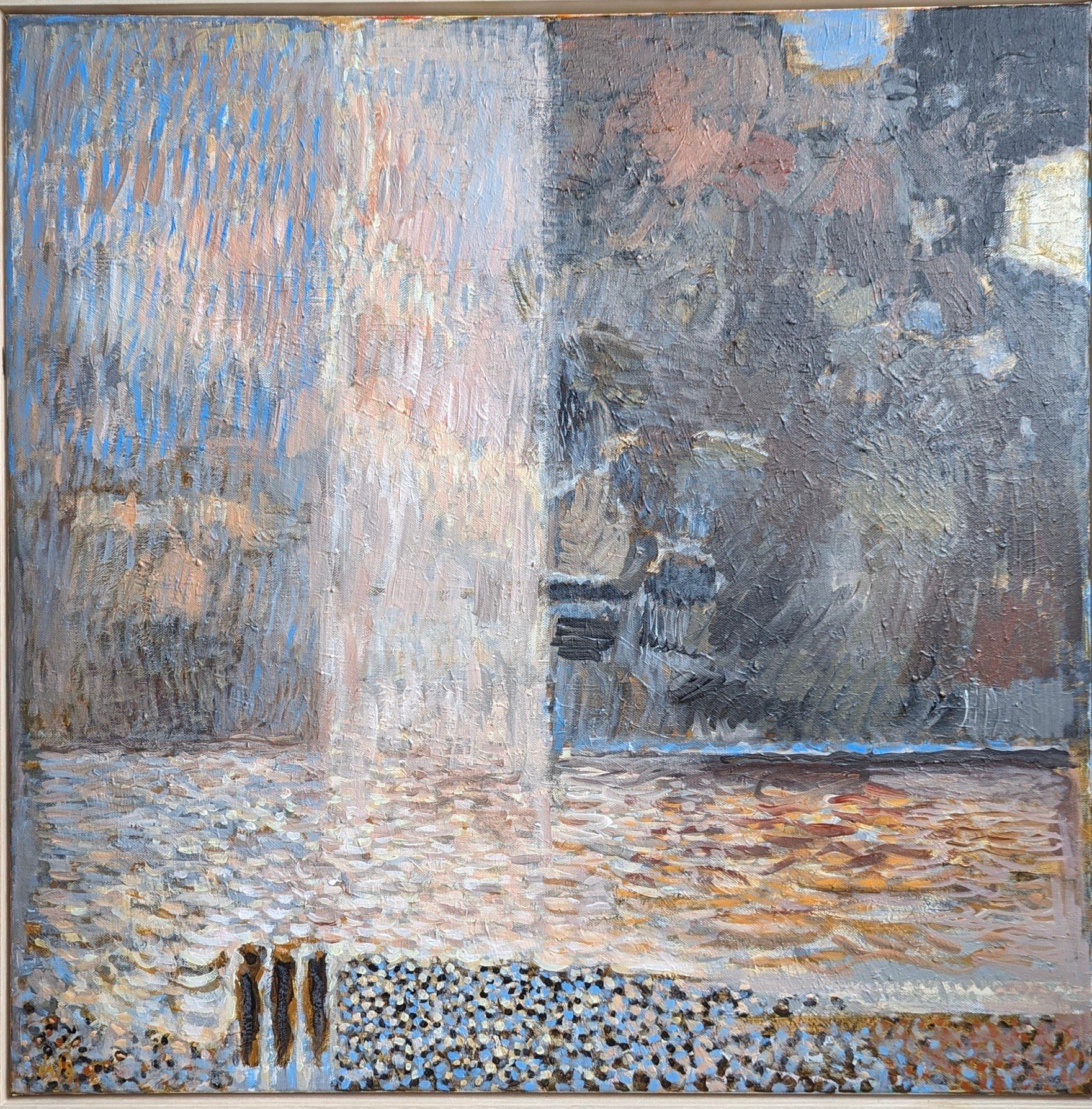 A painting of a fountain with water coming out of it