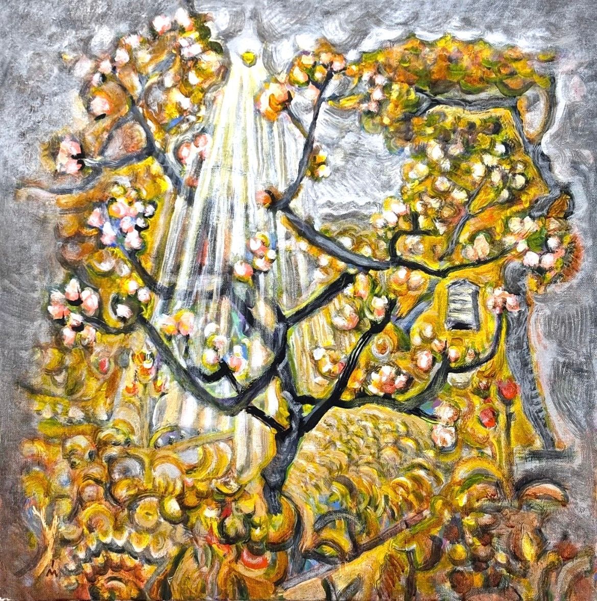 Impressionistic oil painting of a flowering tree beneath a bright, radiant sky with a central white light source.