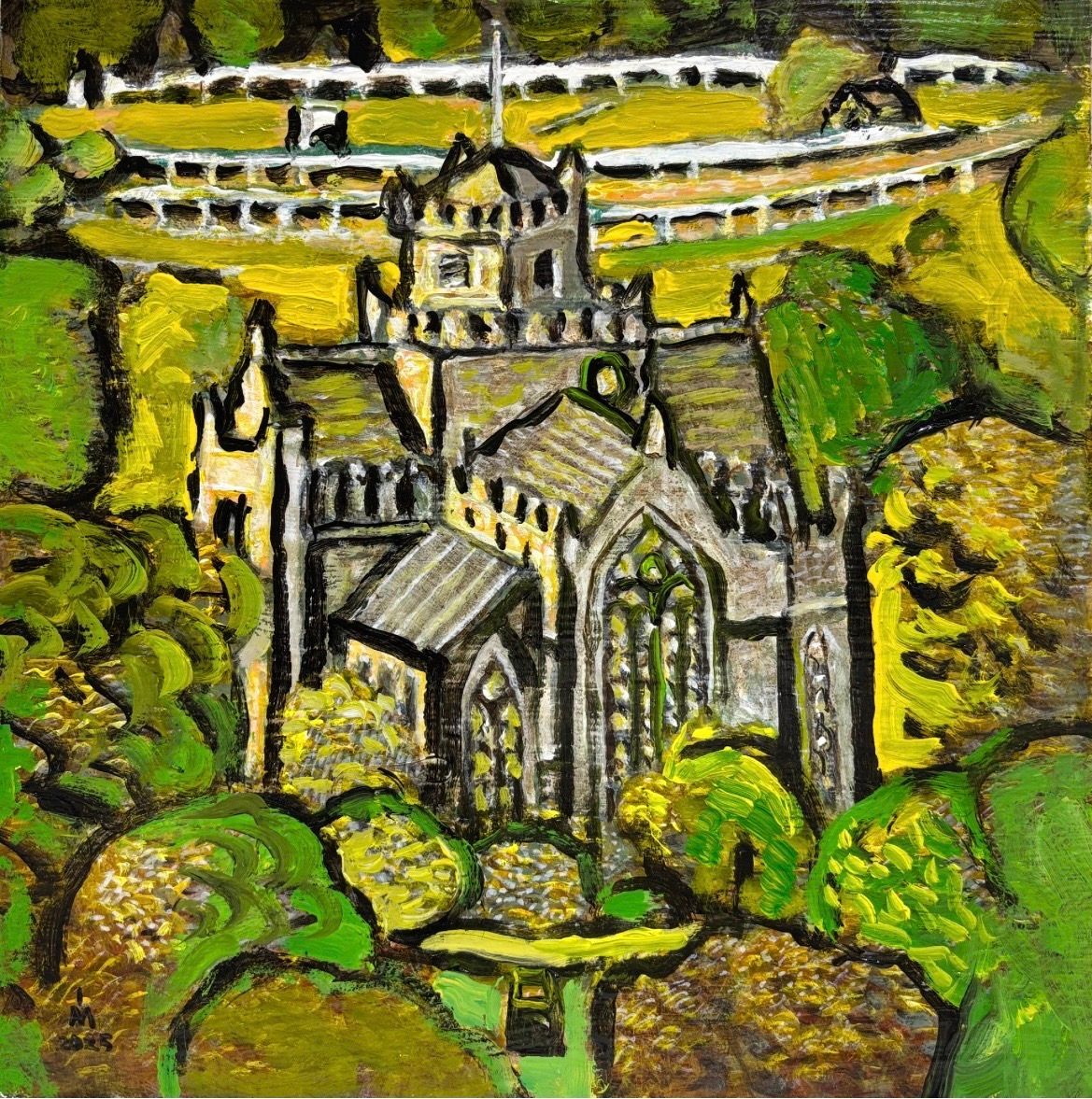 A thick, textured oil painting of a gothic stone church surrounded by lush green foliage, with a fence-lined horse racecourse behind.