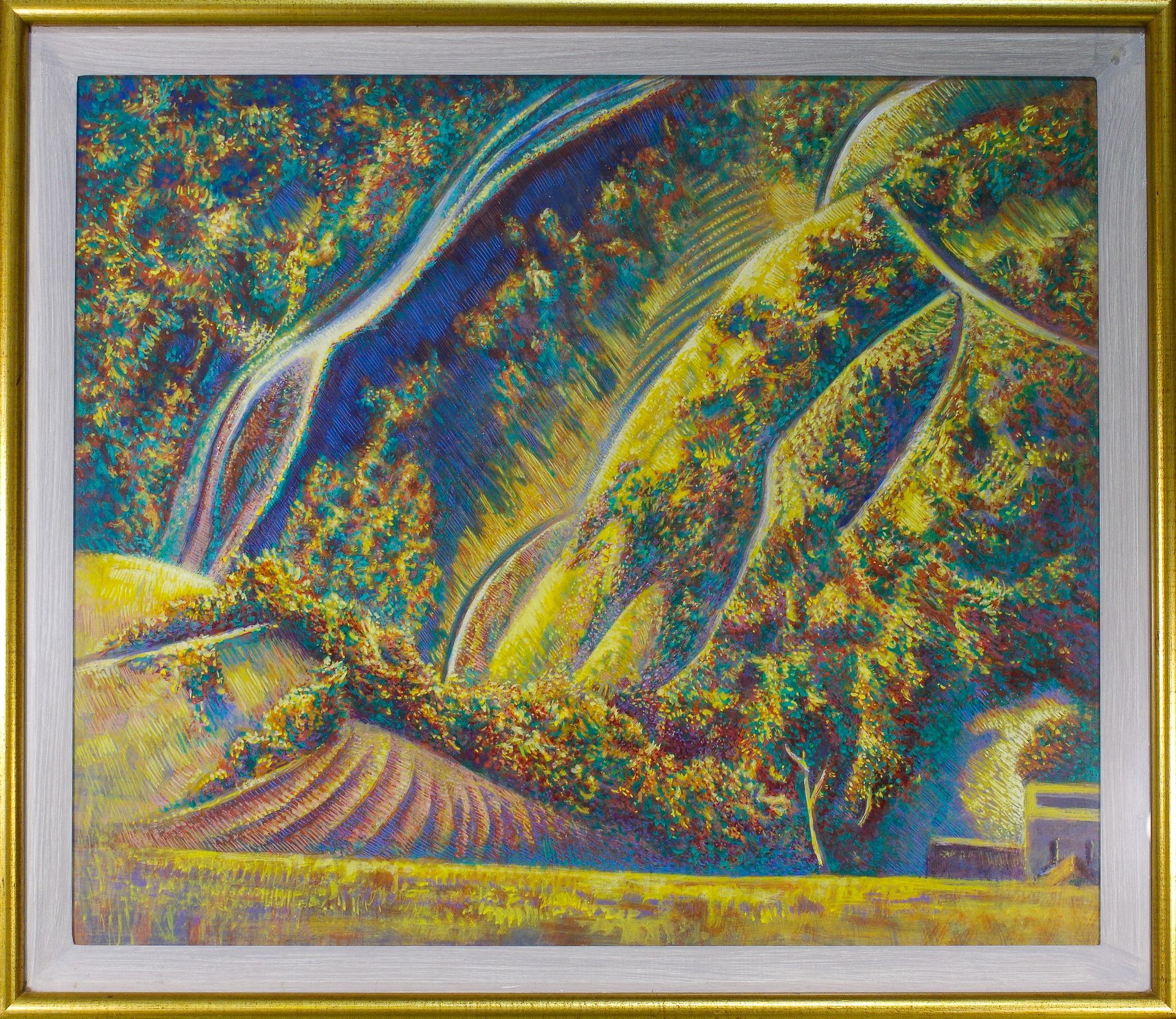 An impressionistic landscape painting featuring rolling hills in vibrant yellows, blues, and greens under a dynamic sky.