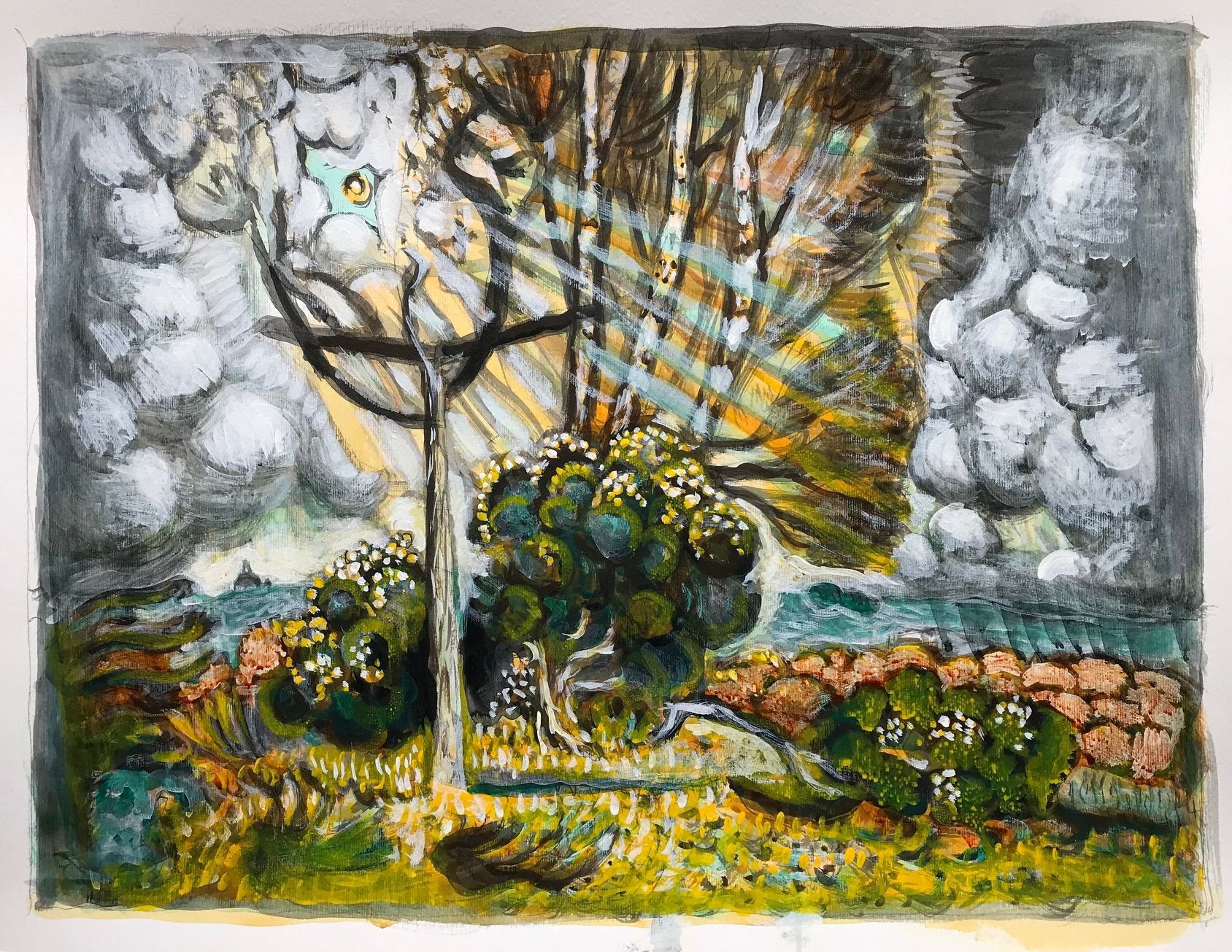 It is a painting of a tree with the sun shining through it.