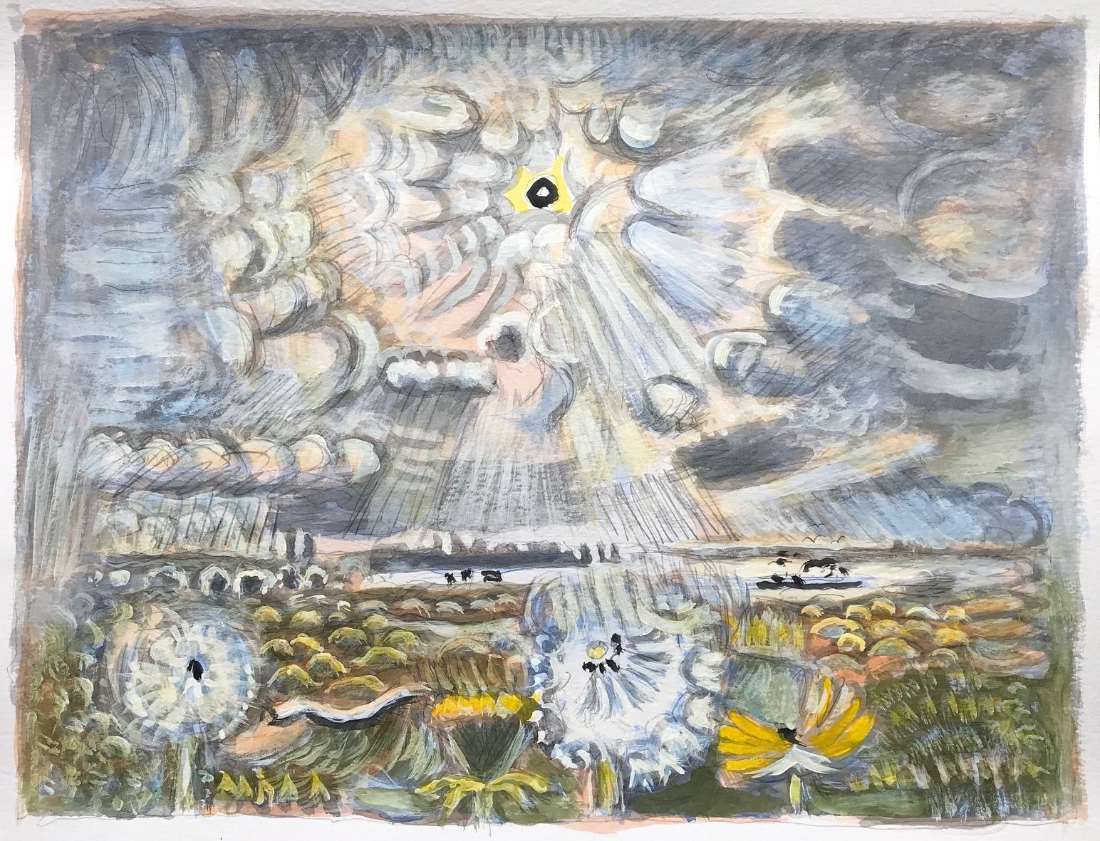 It is a painting of a landscape with flowers and clouds.