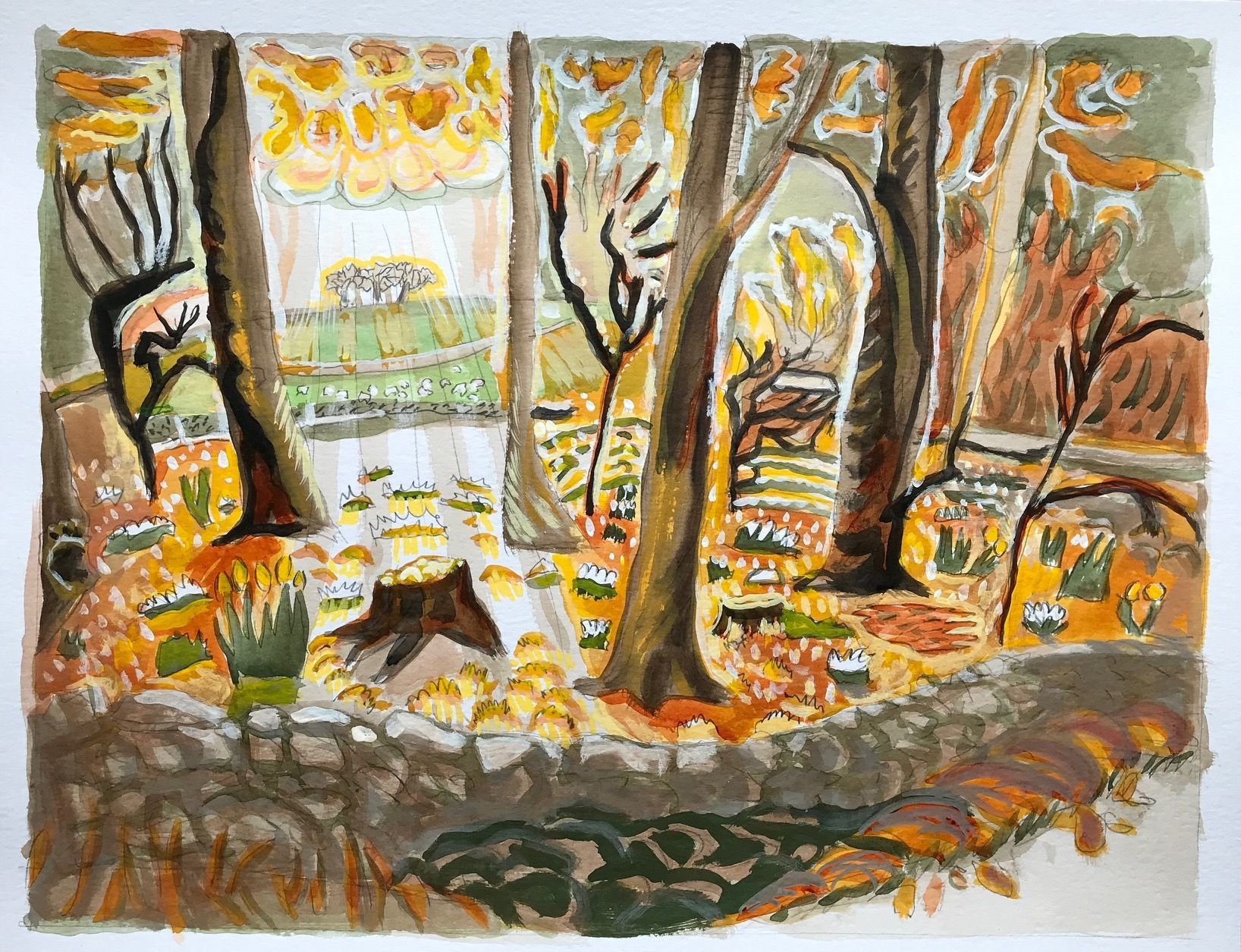 A painting of a forest with trees and leaves