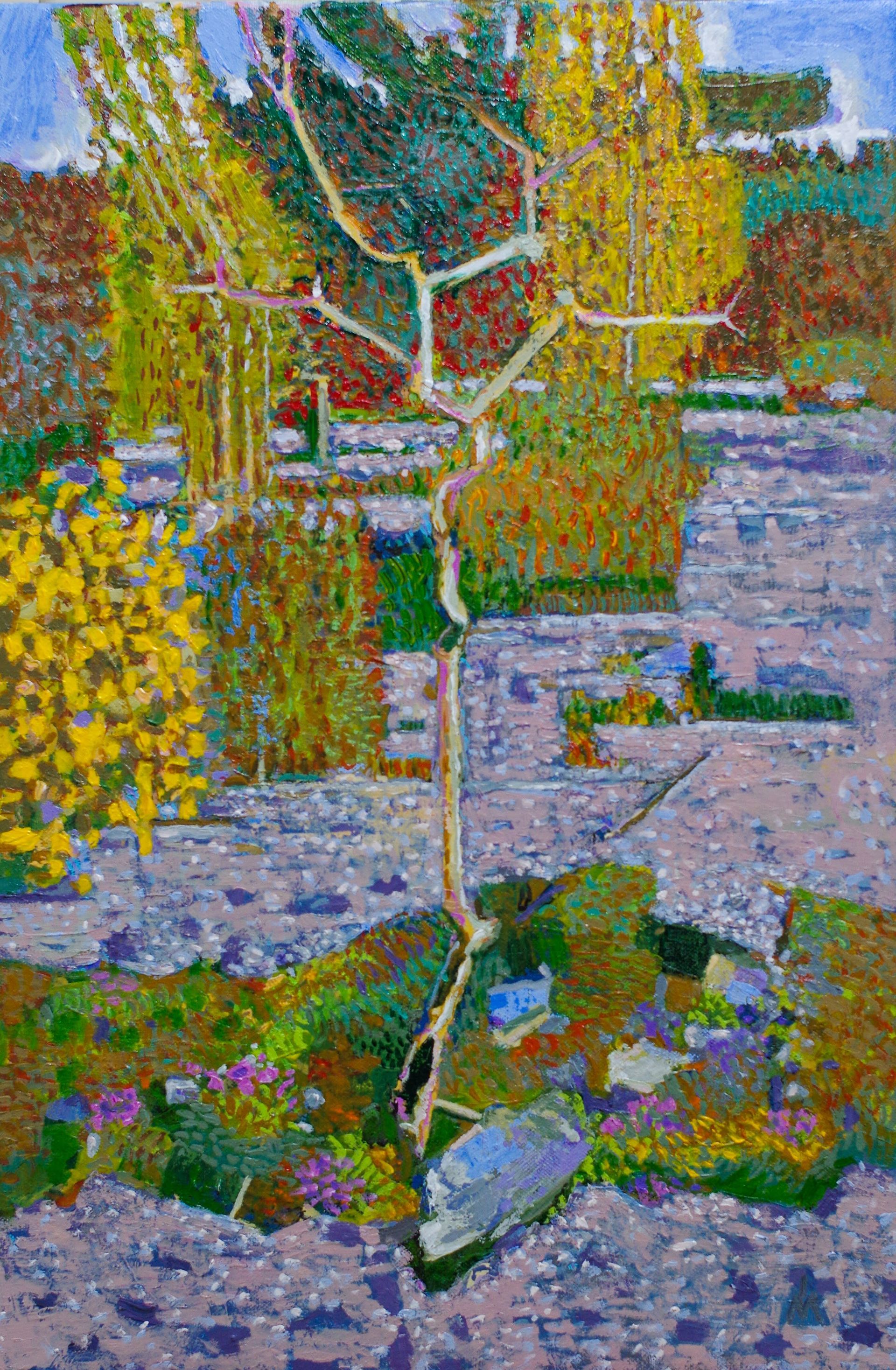 A painting of a bare, pale-barked tree in a garden with vibrant yellow, green, and purple impressionistic brushstrokes.
