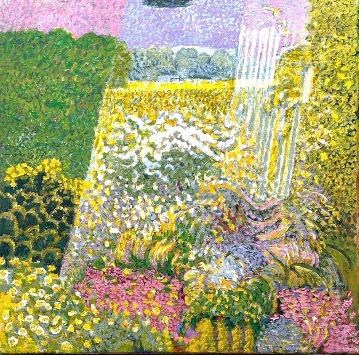 Impressionist painting of a lush, vibrant garden with colorful flowers, green foliage, and a bright yellow meadow field.