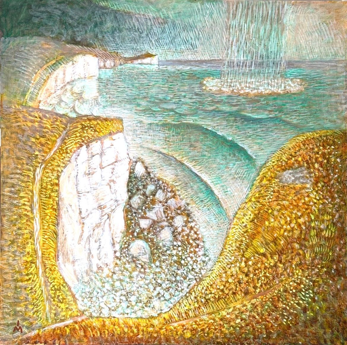An impressionistic painting of white chalk cliffs overlooking a turquoise sea, with golden hills in the foreground.