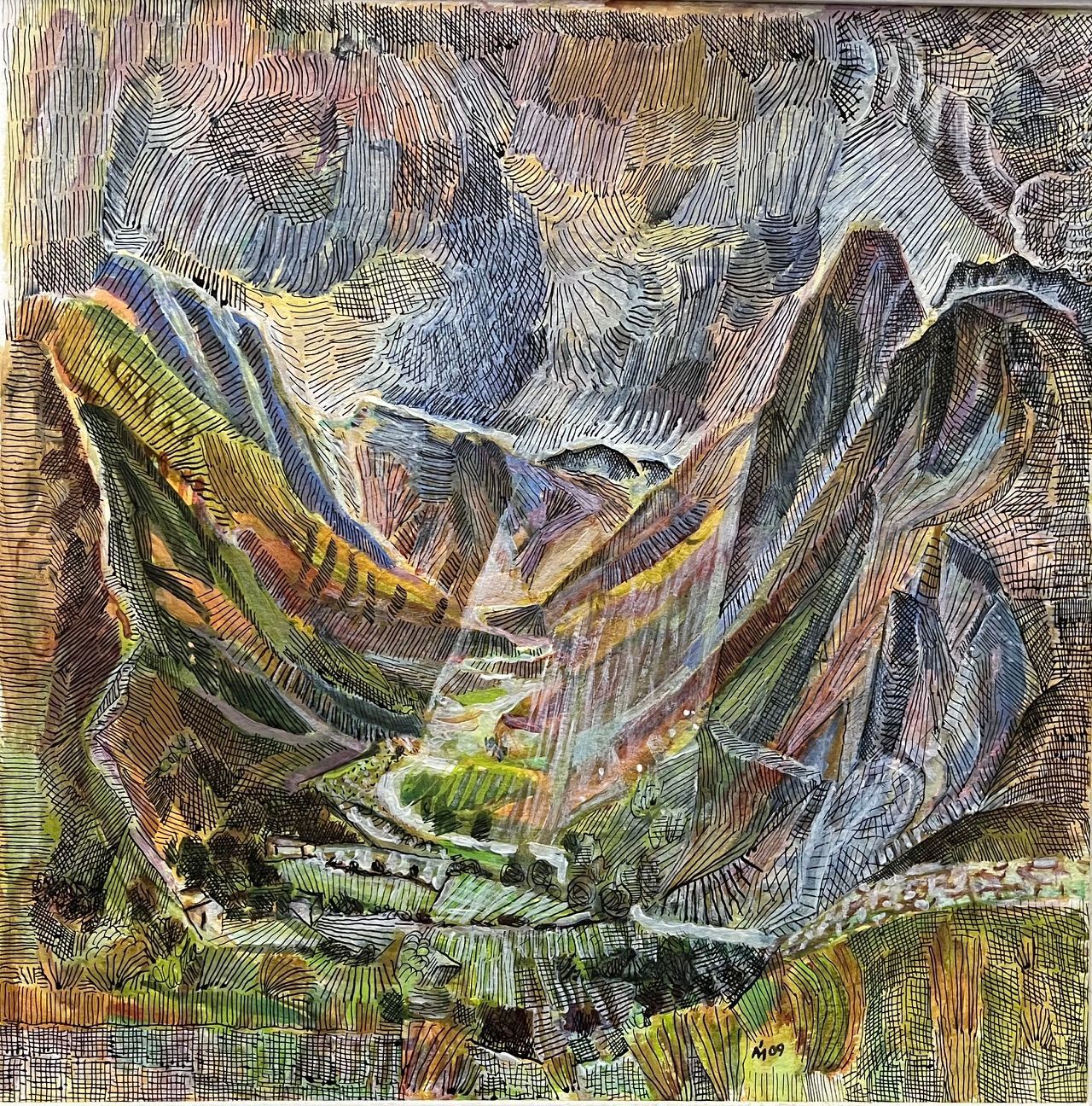 Colorful abstract landscape of a steep mountain valley with layered peaks and a green river below
