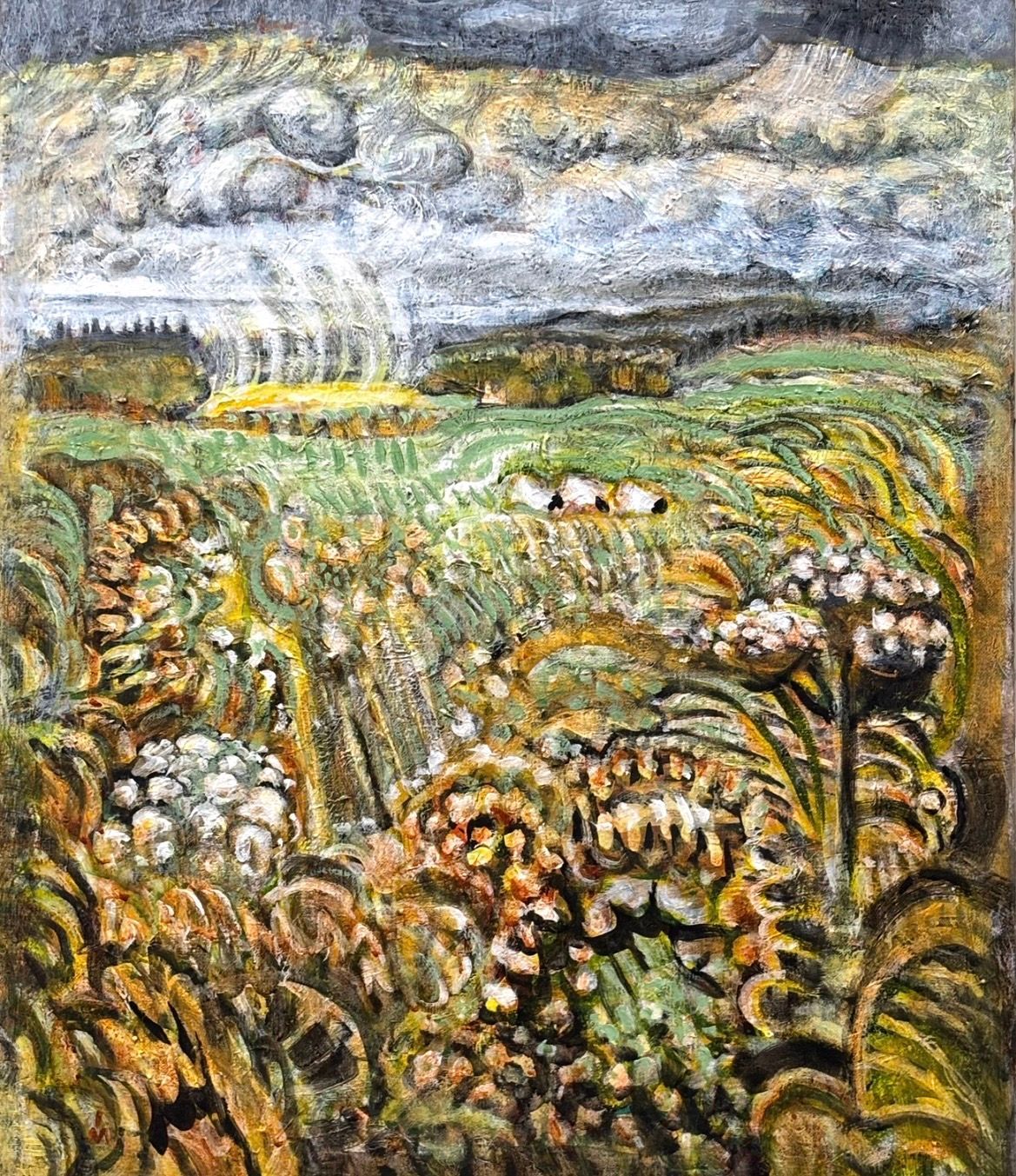 Impressionistic painting of a stormy landscape with swirling clouds, vibrant yellow fields, and textured foreground flora.
