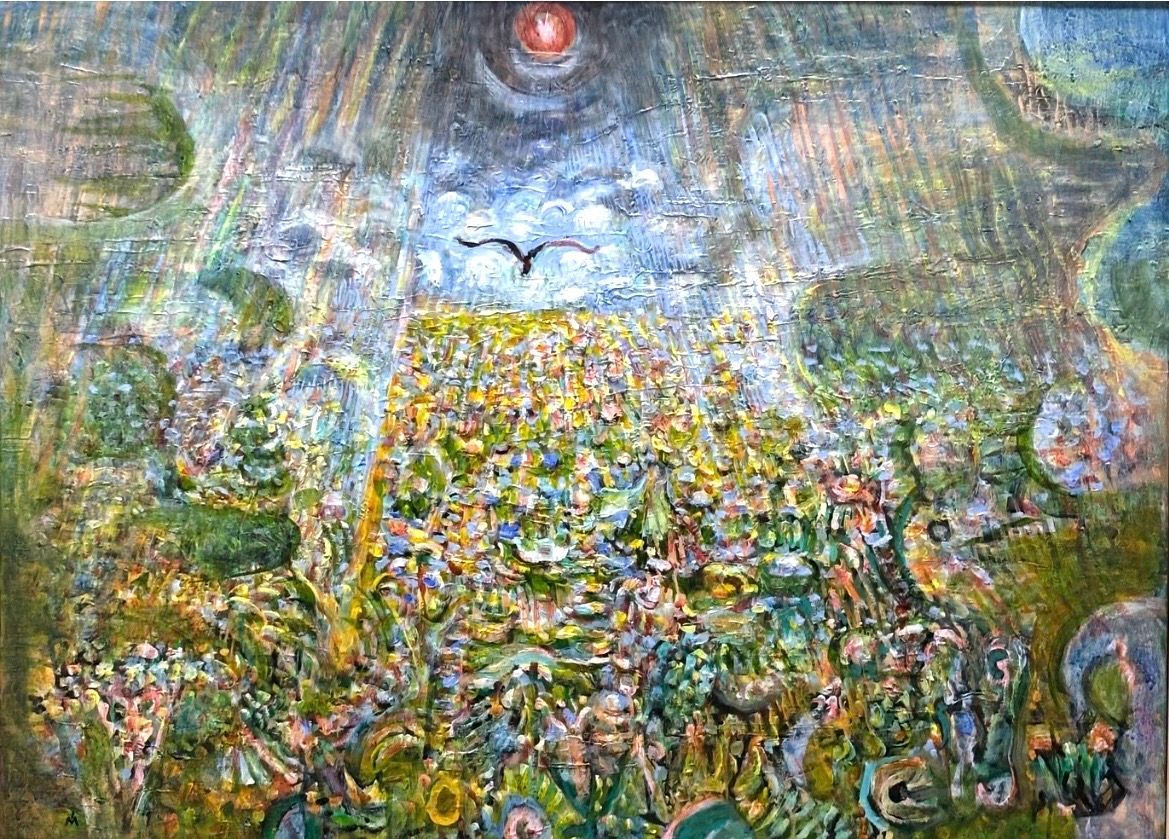 An impressionist oil painting of a crowded, sun-drenched landscape with a central dark bird flying toward a red sun.