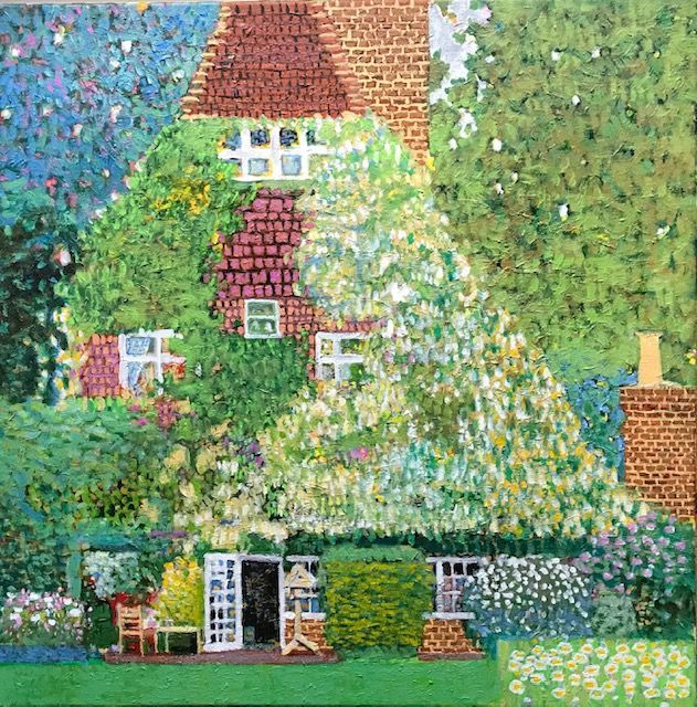 A painting of a house surrounded by trees and flowers