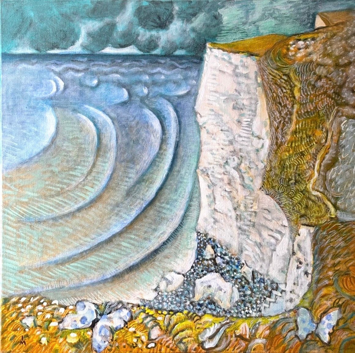 Textured painting of white chalk cliffs overlooking a curved shoreline under a dark, stormy blue sky.