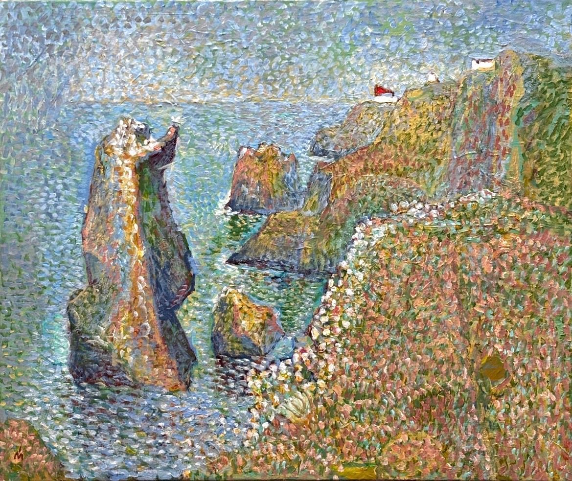 An impressionist painting of rocky cliffs rising from the sea, rendered in dappled, multicolored brushstrokes.