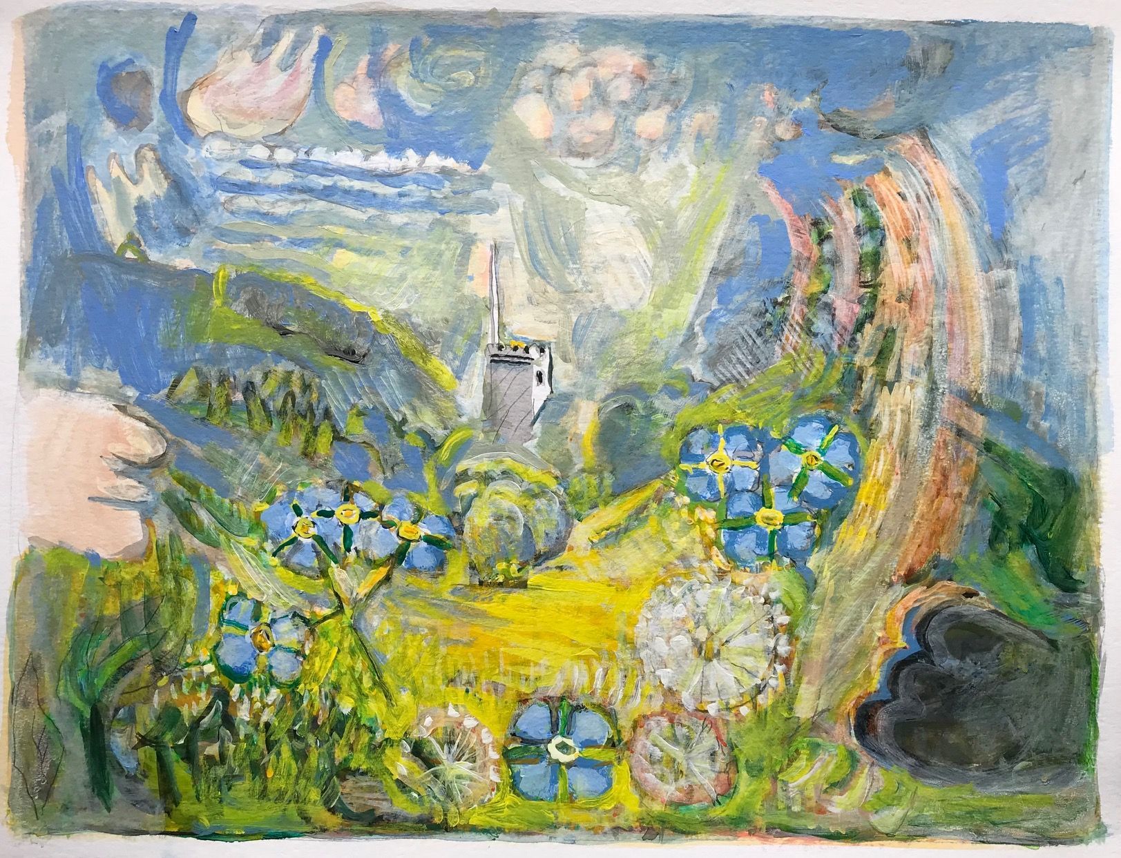A painting of a landscape with flowers and trees