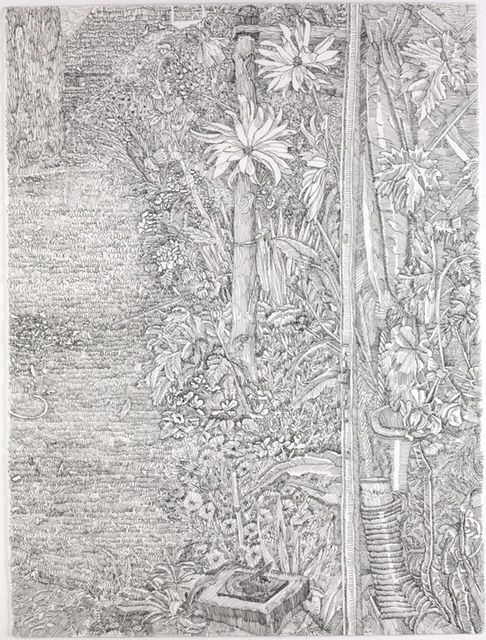 A black and white drawing of a garden with flowers and trees.