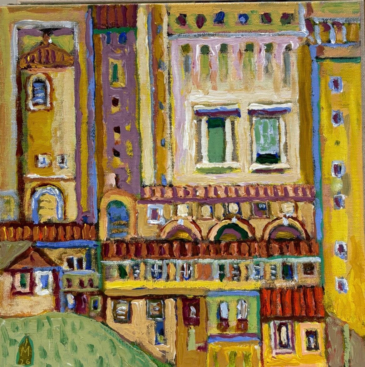 Oil painting of a Mediterranean cityscape with colorful buildings, arched windows, and tiled roofs in a rustic style.