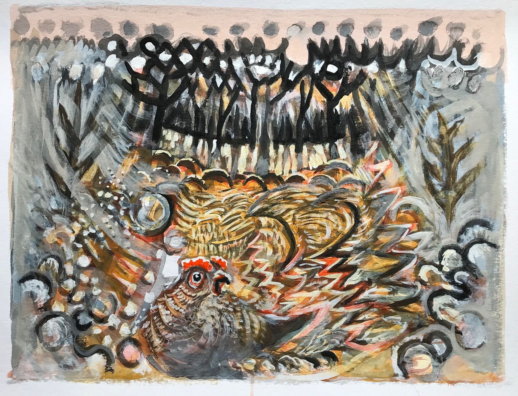 It is a painting of a chicken in a nest surrounded by plants.