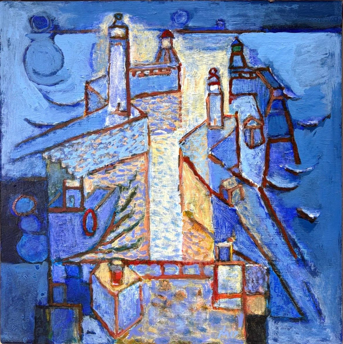 An abstract painting in varying shades of blue, depicting geometric architectural forms, chimneys, and a central light.