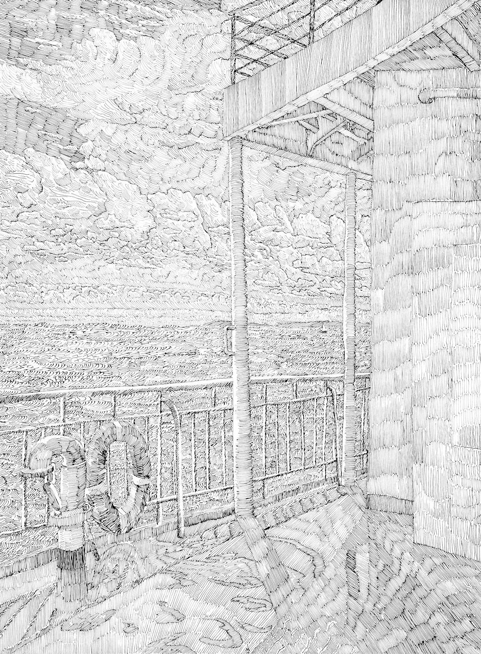 A black and white drawing of a building with a balcony.