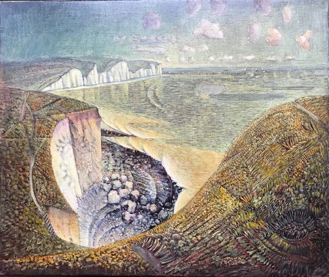 a painting of a cliff overlooking a body of water