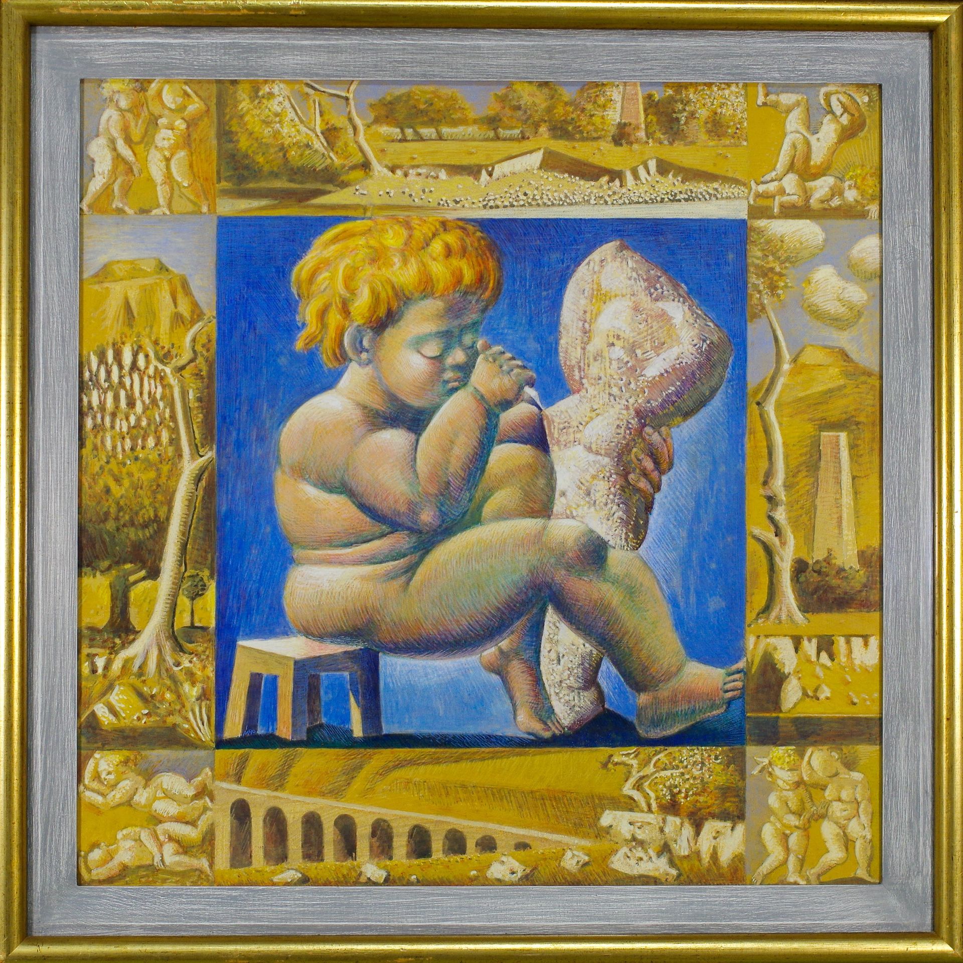 A golden-haired figure sits on a stool against a blue background, holding a textured sculpture amid framed rural scenes.