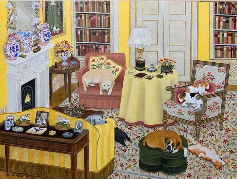 a painting of a living room with dogs