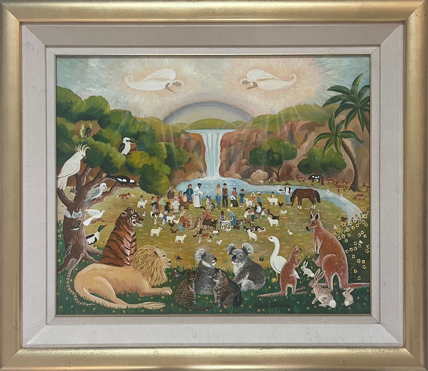 Animals gather at a waterfall under a rainbow; angels above.