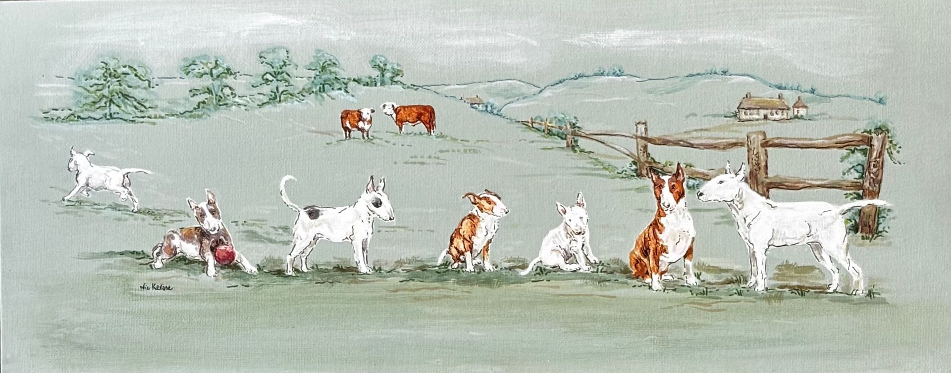Several goats and kids graze near a wooden fence in a pale green pasture.