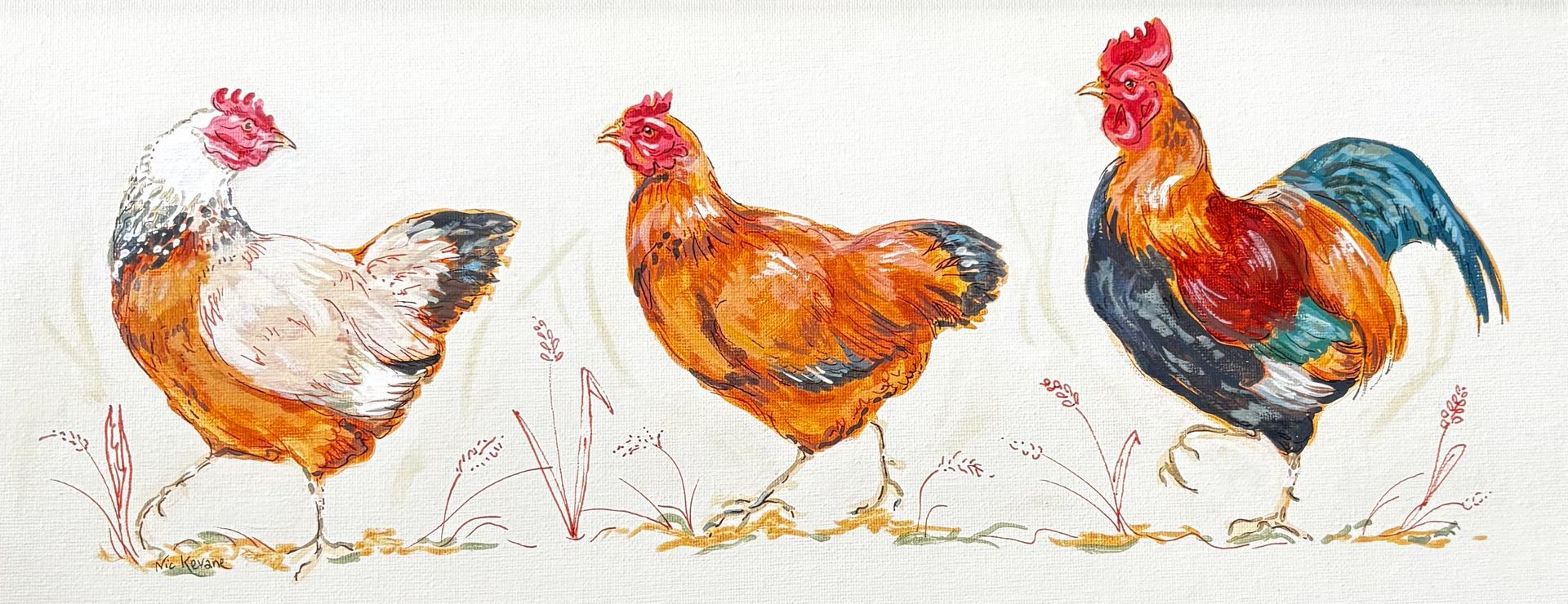 Three watercolor chickens: a white hen, a brown hen, and a colorful rooster standing on grass