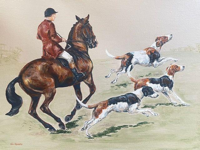 Man on horseback, wearing a red coat, followed by three hounds running across a green field.