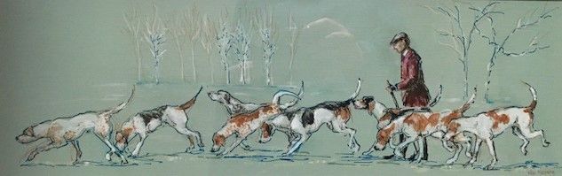 A painting of a man leading a pack of hounds