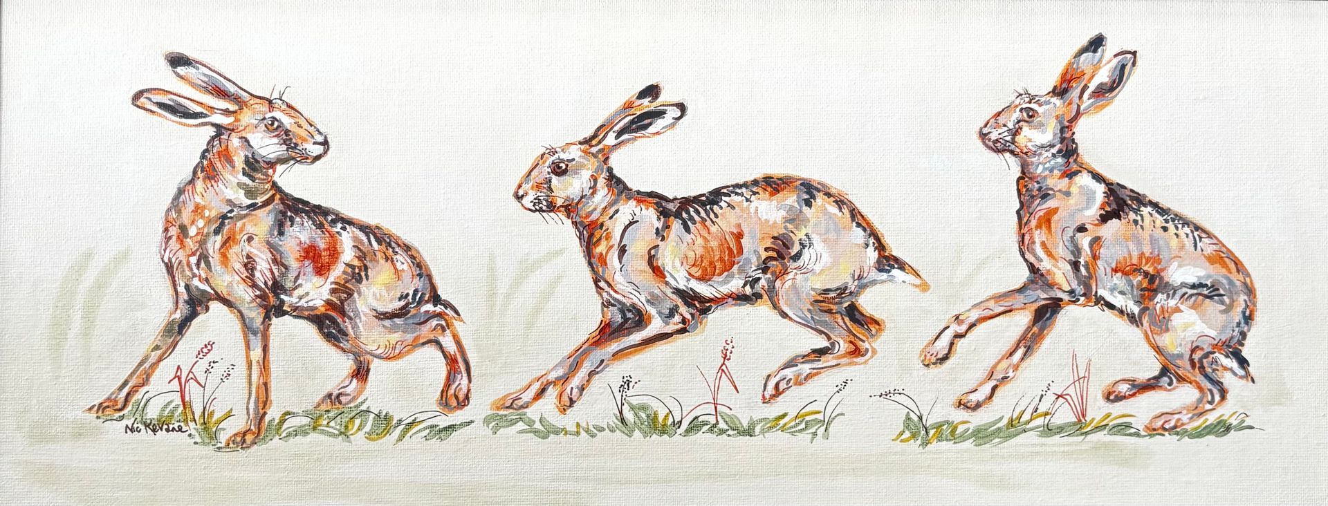 Three running hares sketched in brown and gray on a white background.