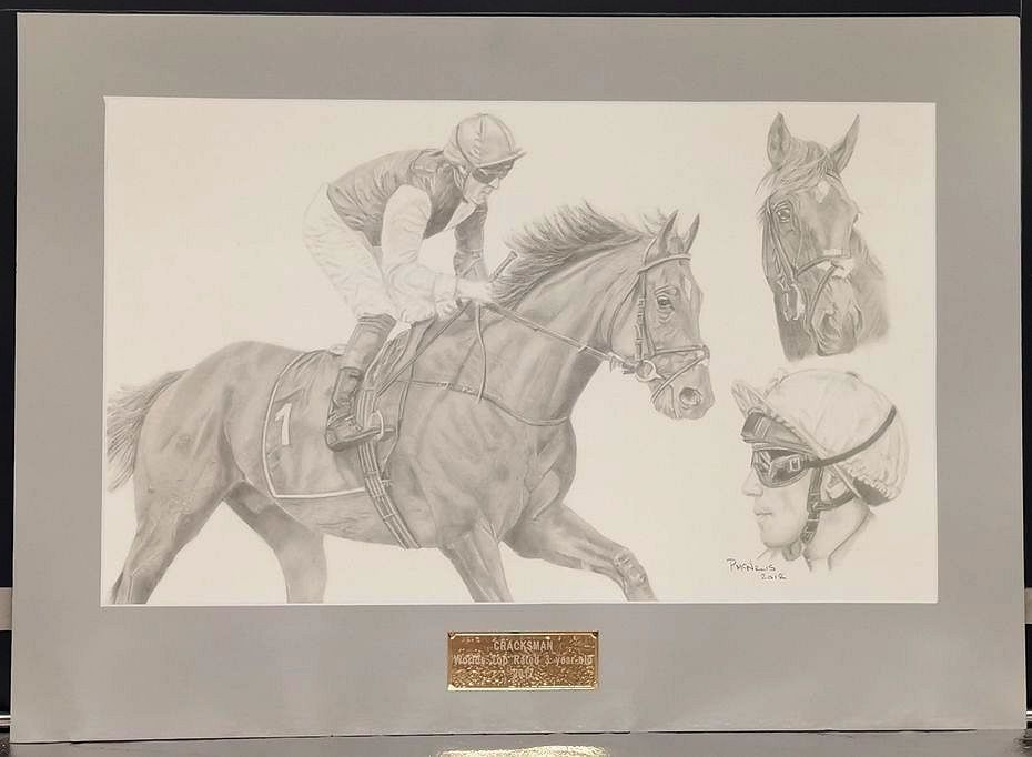 A pencil drawing of a jockey riding a horse.