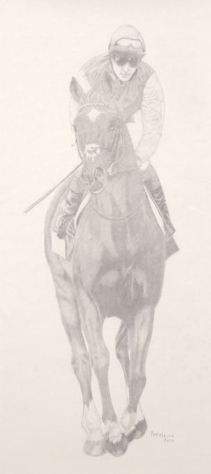 A black and white drawing of a jockey riding a horse.