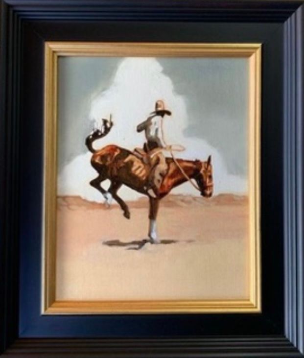 a painting of a cowboy riding a bucking horse in the desert .