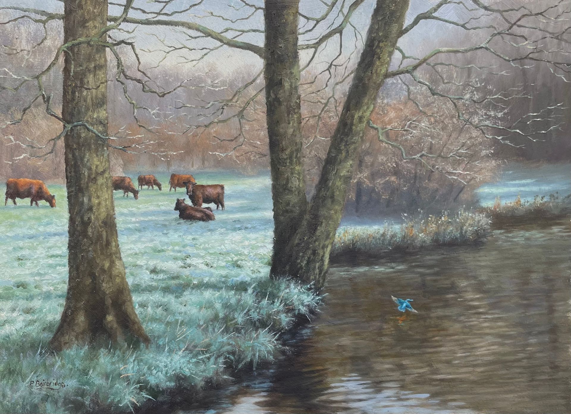 Winter riverside landscape with grazing deer, bare trees, frosty grass, and misty water