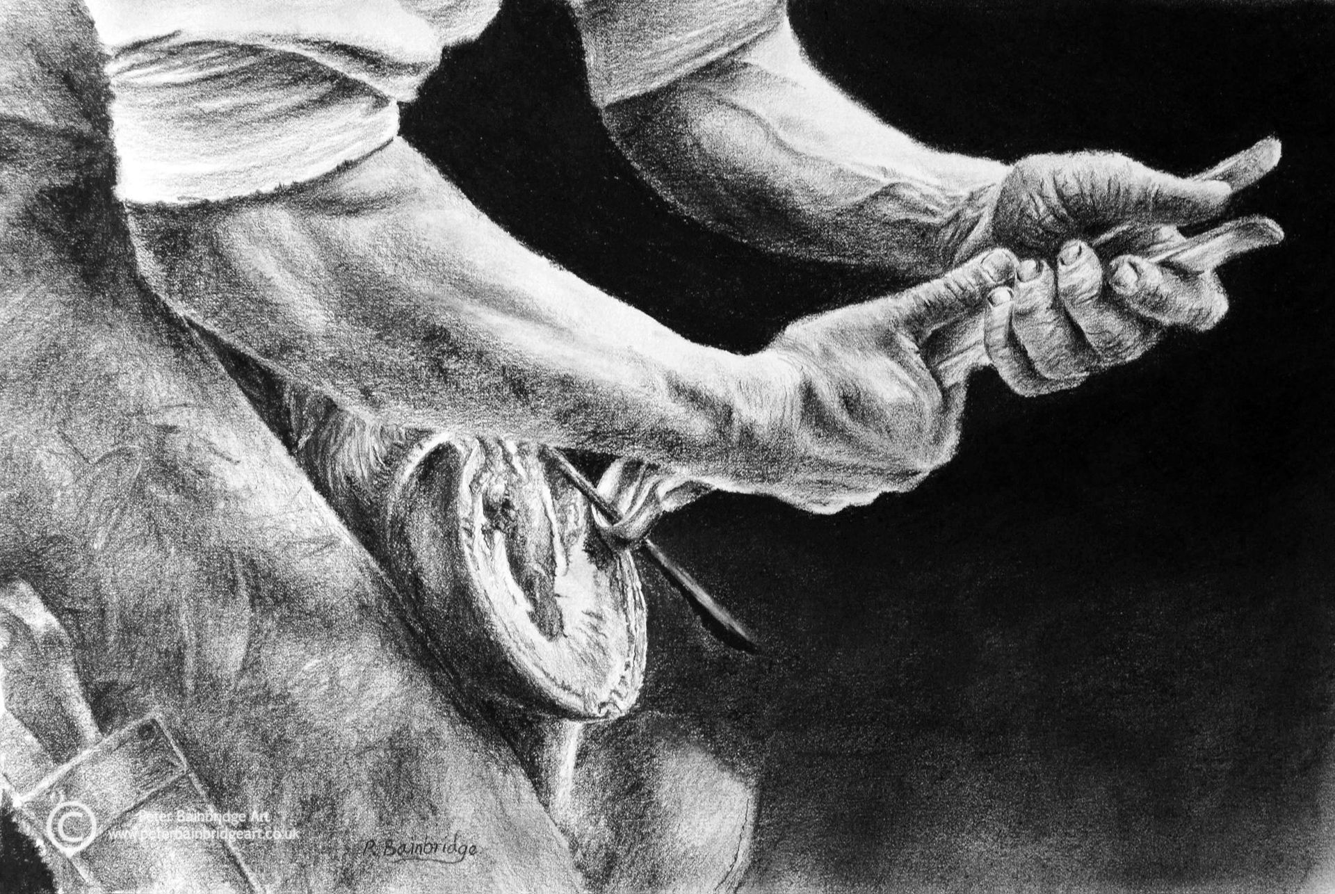 A farrier trimming a horse's hoof, using tools and holding the hoof steady.