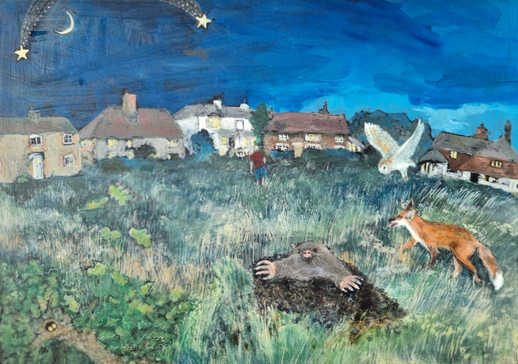 Night scene: a person walks towards houses. An owl flies, a fox runs, and a badger sits in grass under a starry sky.