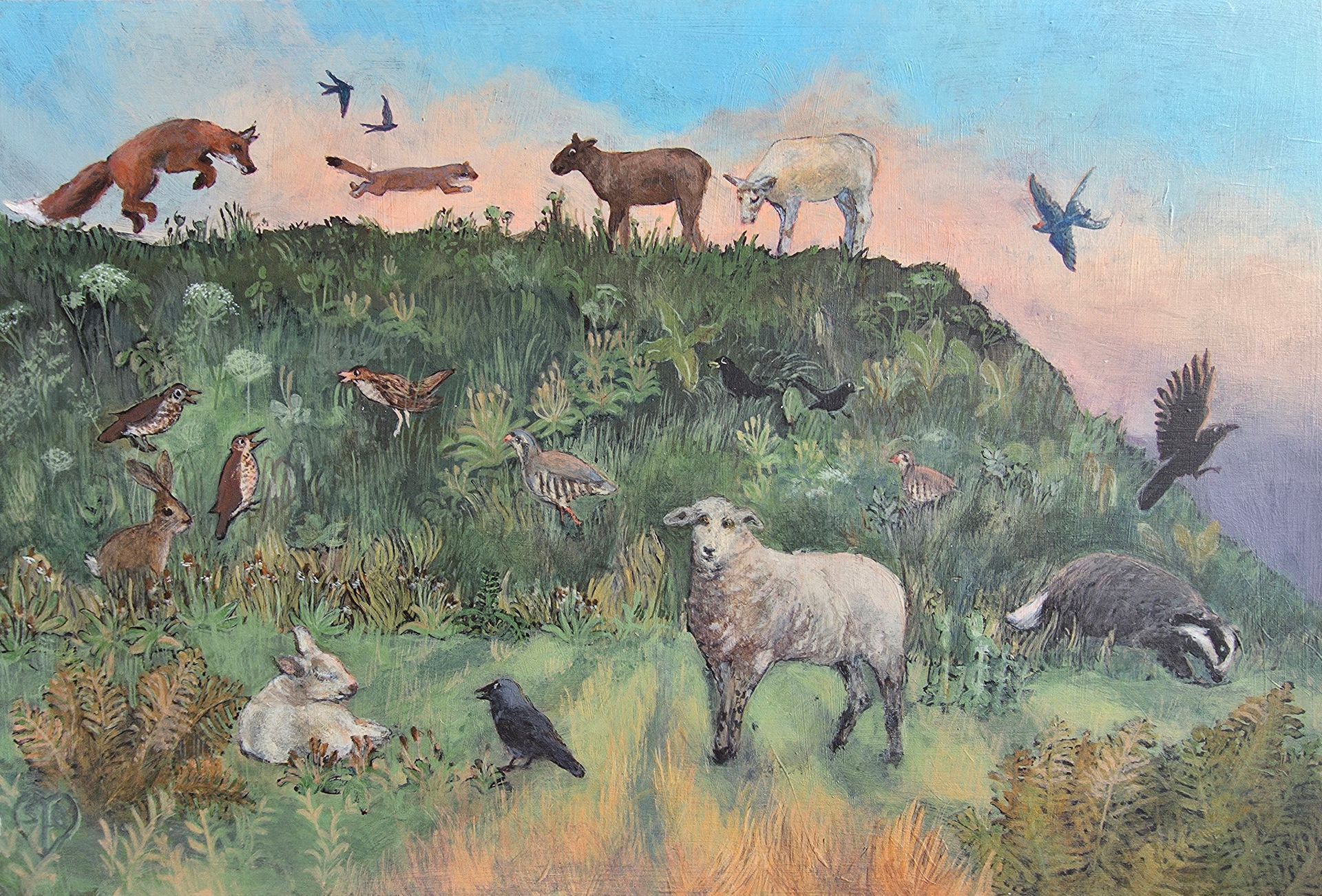 Wild animals grazing on a grassy hill at sunset, with birds flying overhead.